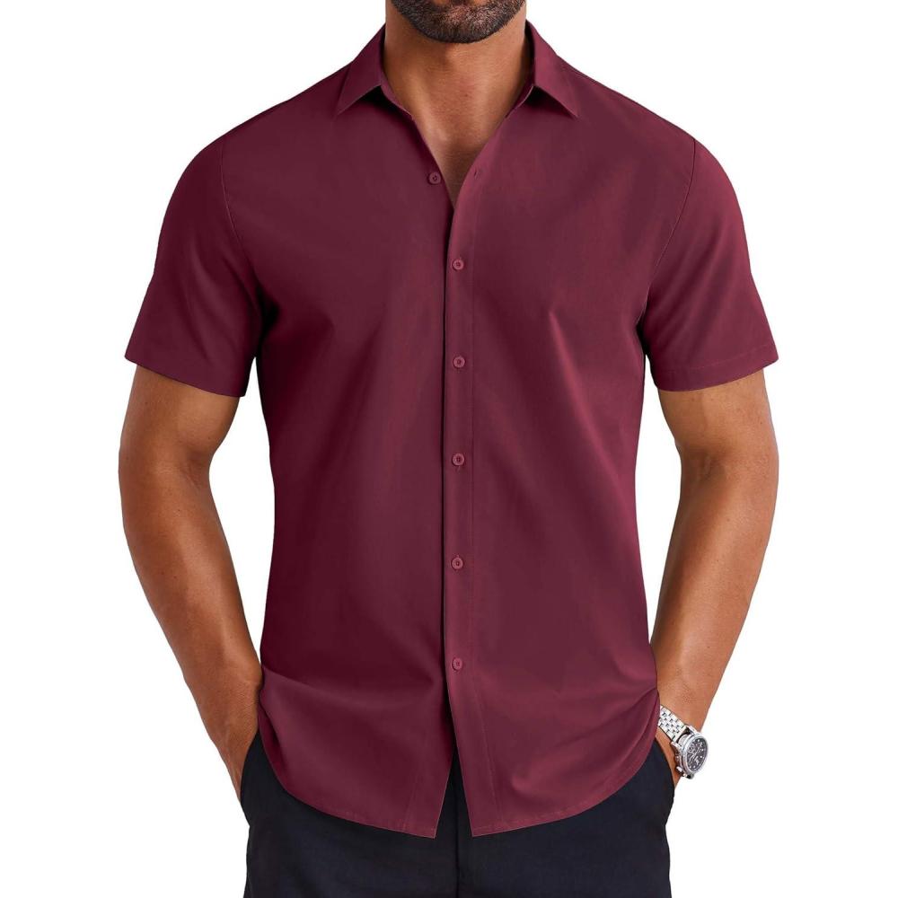 imageCOOFANDY Mens Button Down Shirts Short Sleeve Casual Shirt Summer Untucked Dress ShirtsWine Red