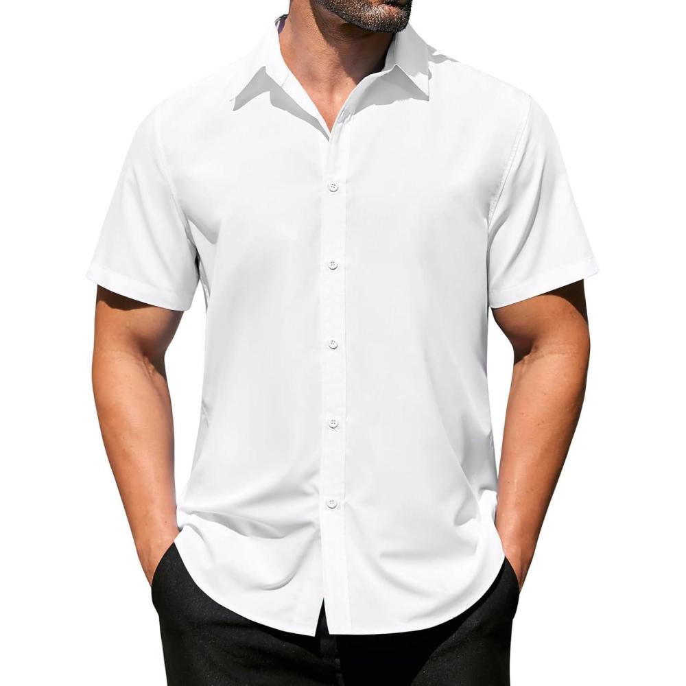 imageCOOFANDY Mens Button Down Short Sleeve Shirt Casual Beach Shirt Summer Vacation Textured ShirtsA White