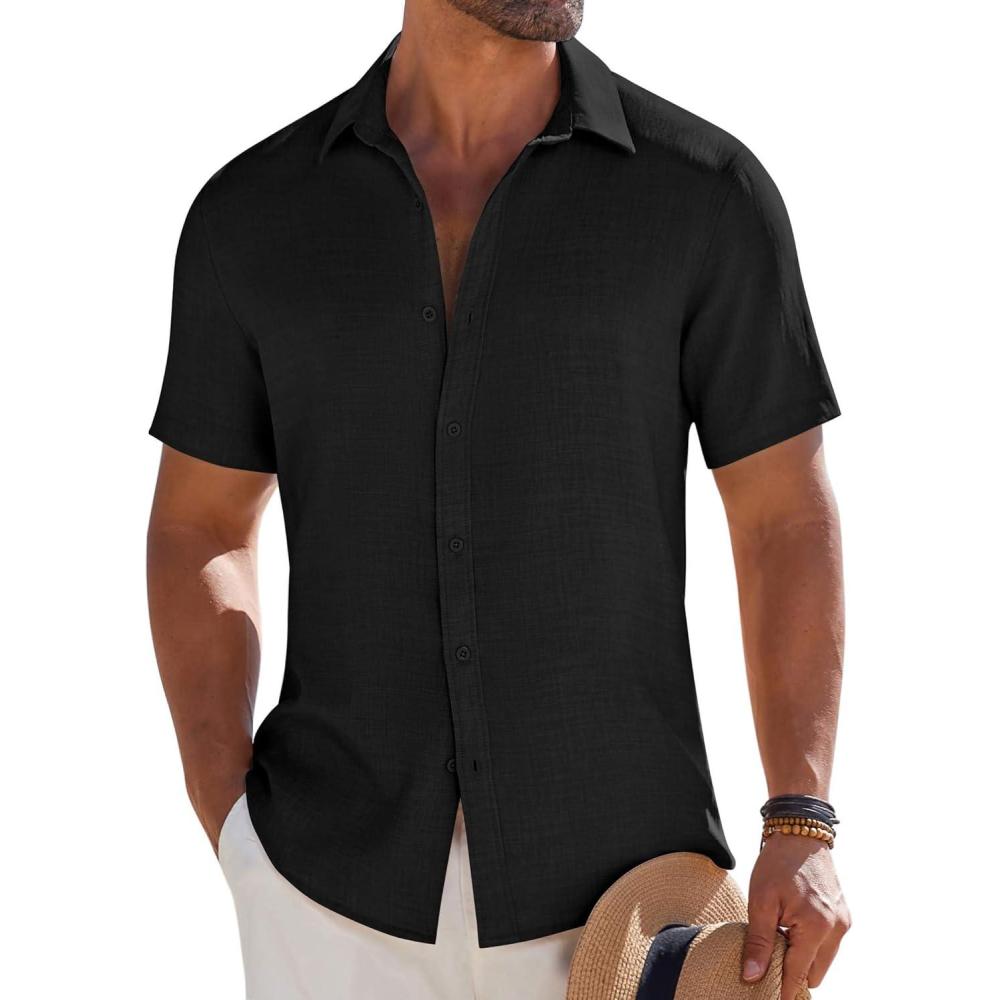 imageCOOFANDY Mens Button Down Short Sleeve Shirt Casual Beach Shirt Summer Vacation Textured ShirtsBlack