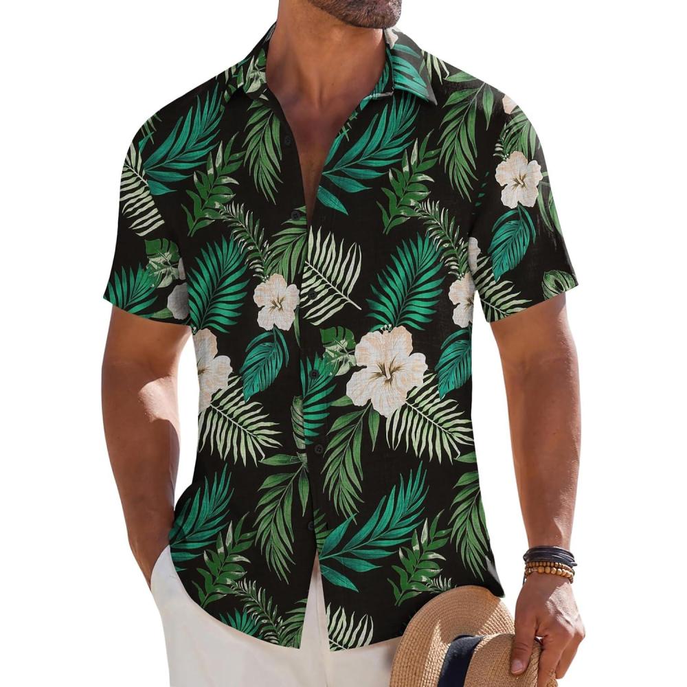 imageCOOFANDY Mens Button Down Short Sleeve Shirt Casual Beach Shirt Summer Vacation Textured ShirtsBlackgreen Leaves