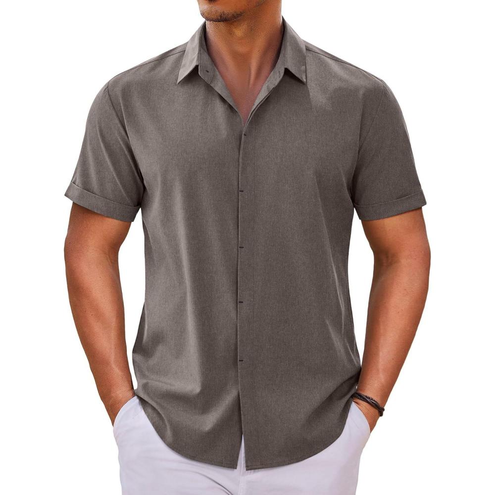 imageCOOFANDY Mens Button Down Short Sleeve Shirt Casual Beach Shirt Summer Vacation Textured ShirtsBrown