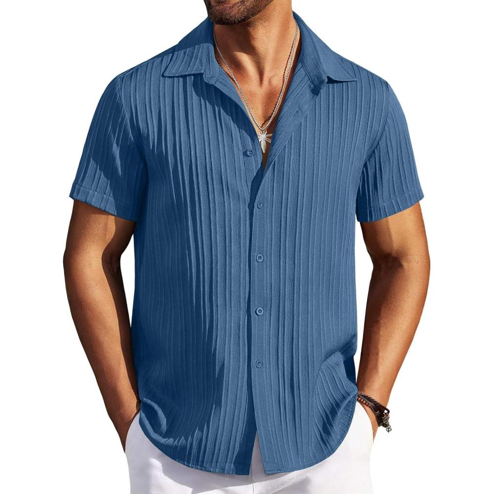 imageCOOFANDY Mens Button Down Short Sleeve Shirt Casual Beach Shirt Summer Vacation Textured ShirtsDark Blue