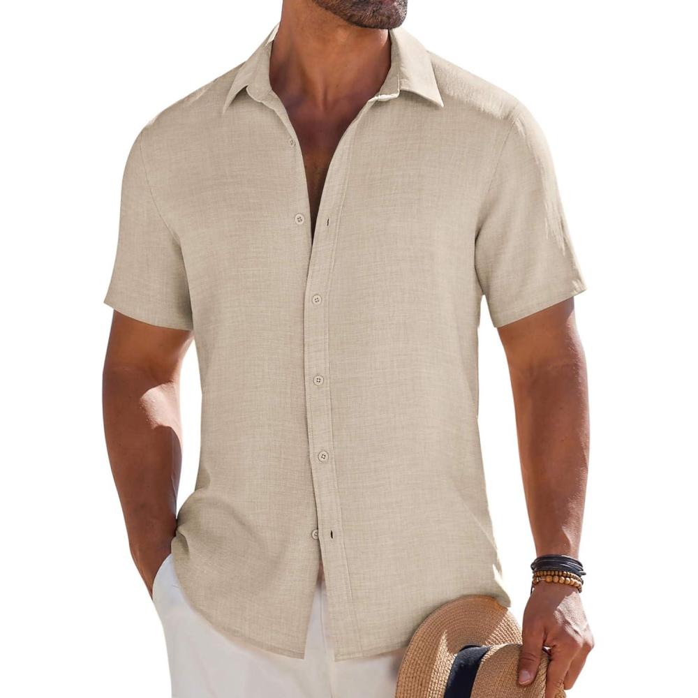 imageCOOFANDY Mens Button Down Short Sleeve Shirt Casual Beach Shirt Summer Vacation Textured ShirtsDark Khaki