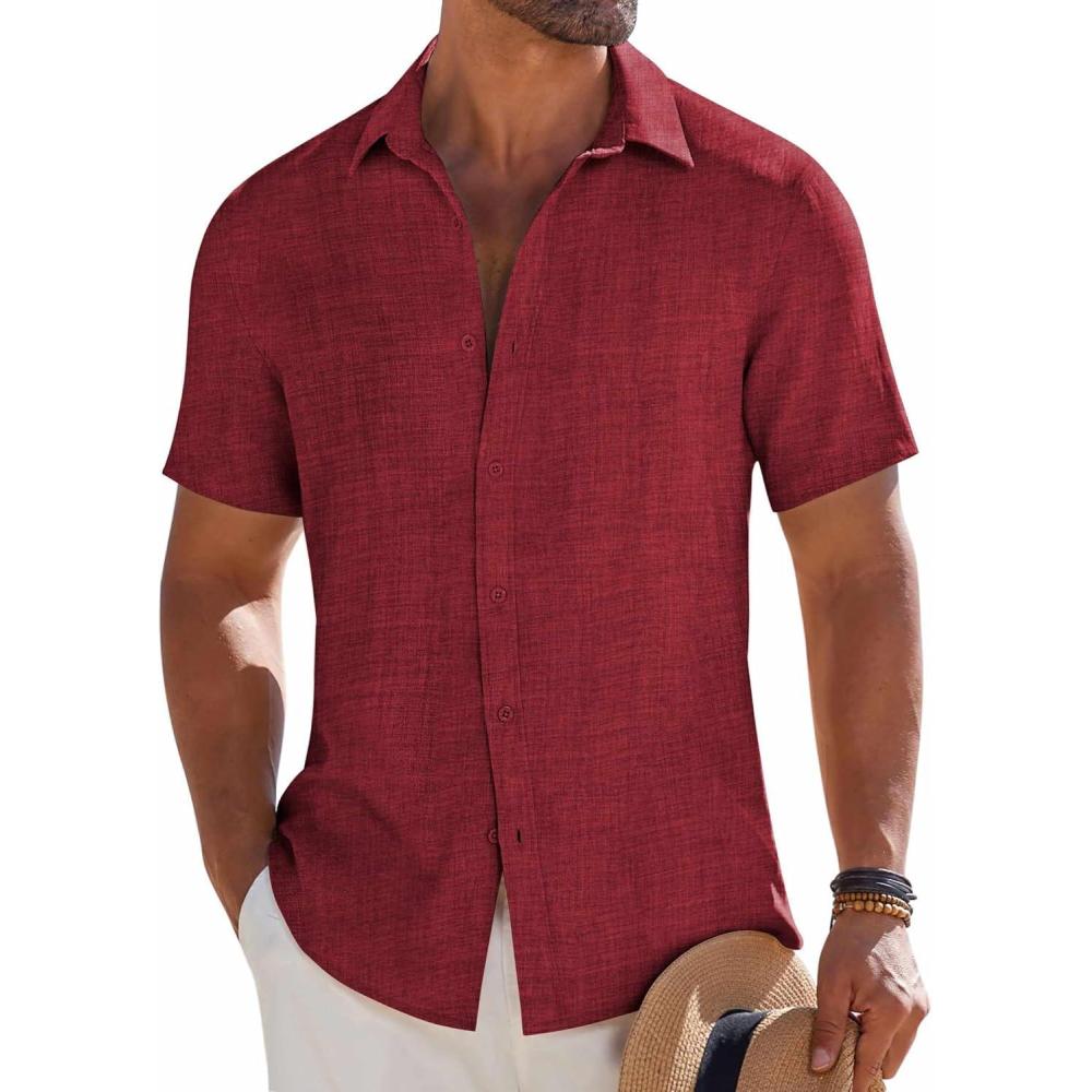 imageCOOFANDY Mens Button Down Short Sleeve Shirt Casual Beach Shirt Summer Vacation Textured ShirtsDark Red