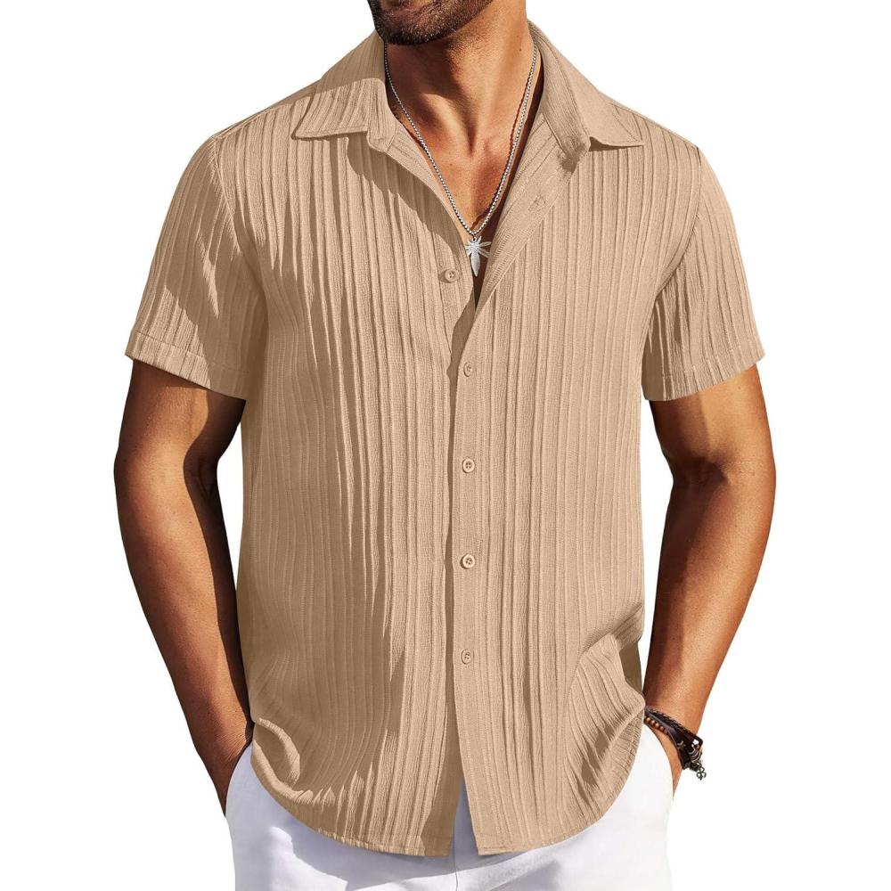 imageCOOFANDY Mens Button Down Short Sleeve Shirt Casual Beach Shirt Summer Vacation Textured ShirtsKhaki