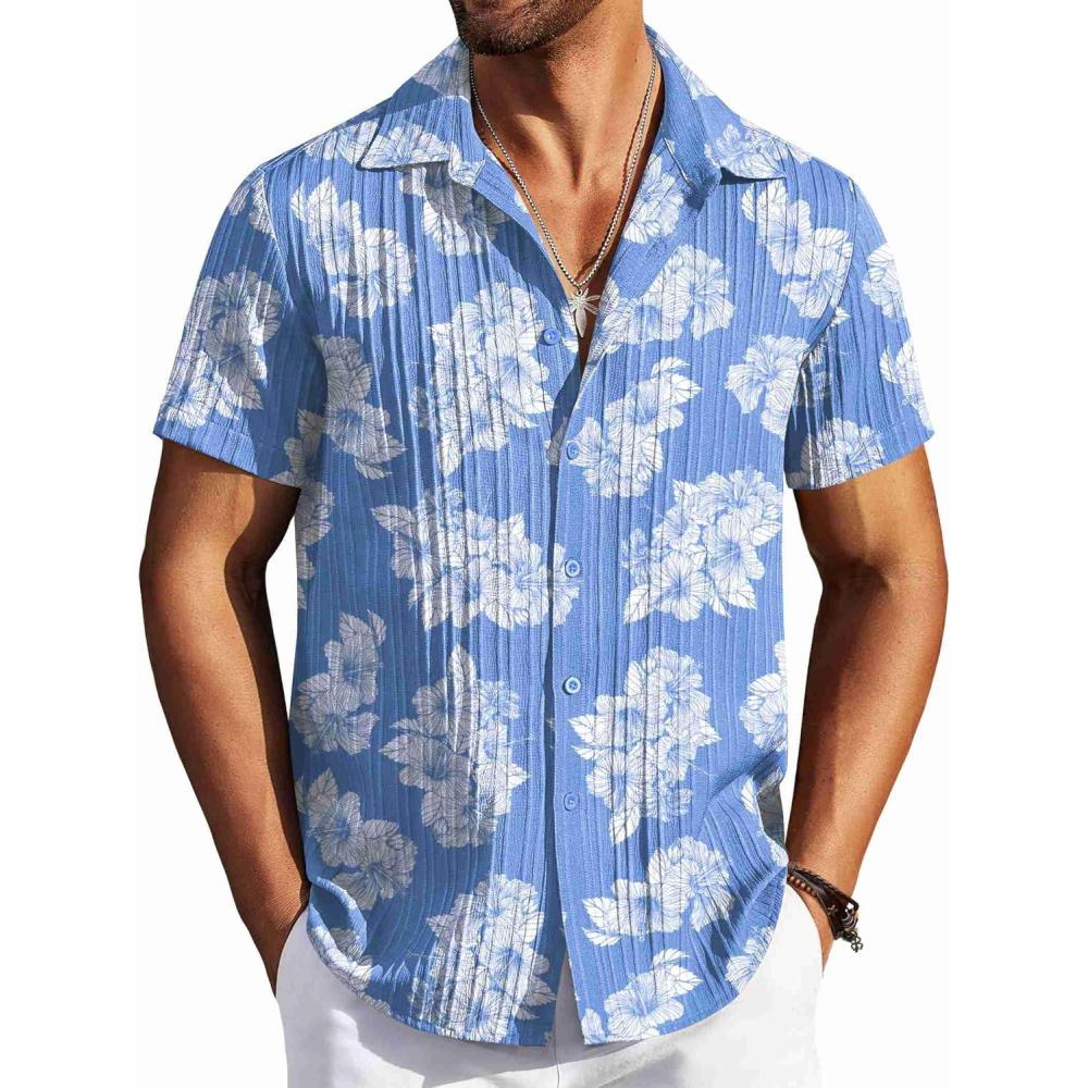 imageCOOFANDY Mens Button Down Short Sleeve Shirt Casual Beach Shirt Summer Vacation Textured ShirtsLight Blue White Floral
