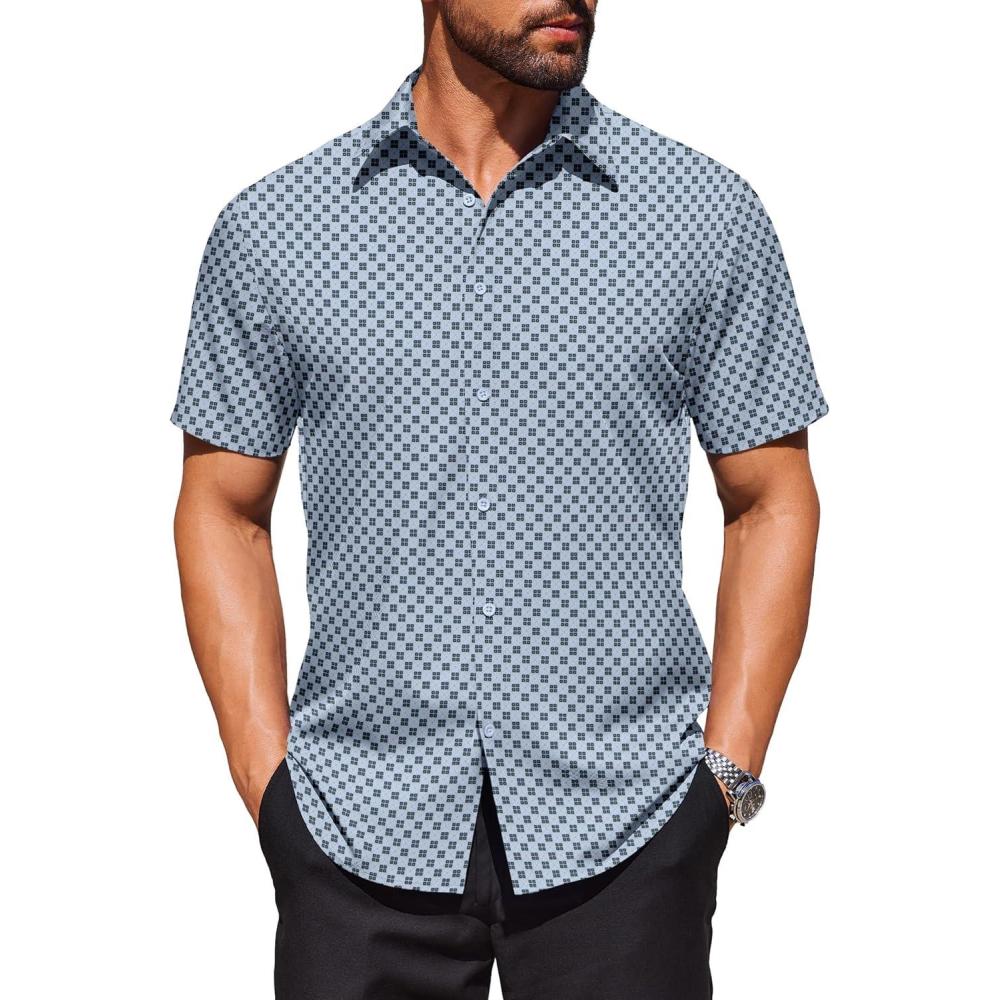 imageCOOFANDY Mens Button Down Short Sleeve Shirt Casual Beach Shirt Summer Vacation Textured ShirtsLight Bluerhombus