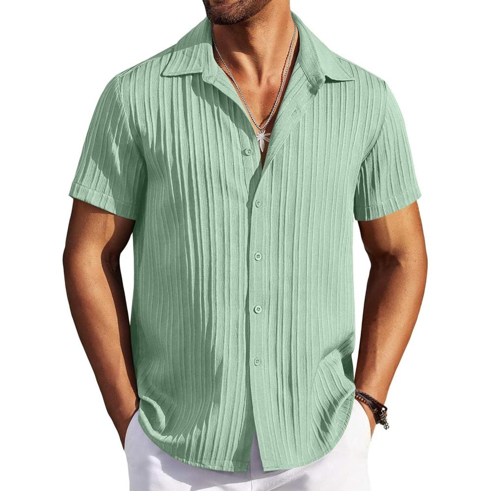 imageCOOFANDY Mens Button Down Short Sleeve Shirt Casual Beach Shirt Summer Vacation Textured ShirtsLight Green