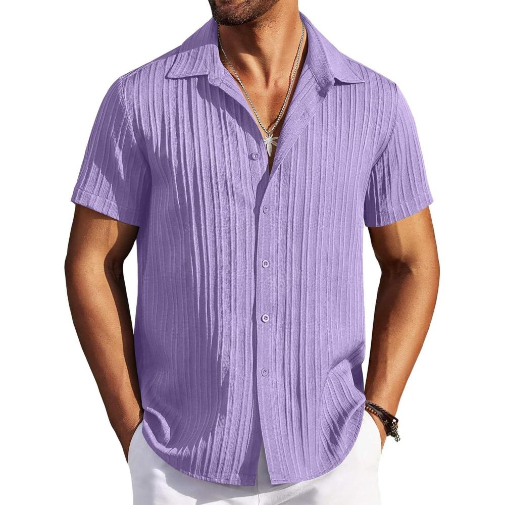 imageCOOFANDY Mens Button Down Short Sleeve Shirt Casual Beach Shirt Summer Vacation Textured ShirtsLight Purple