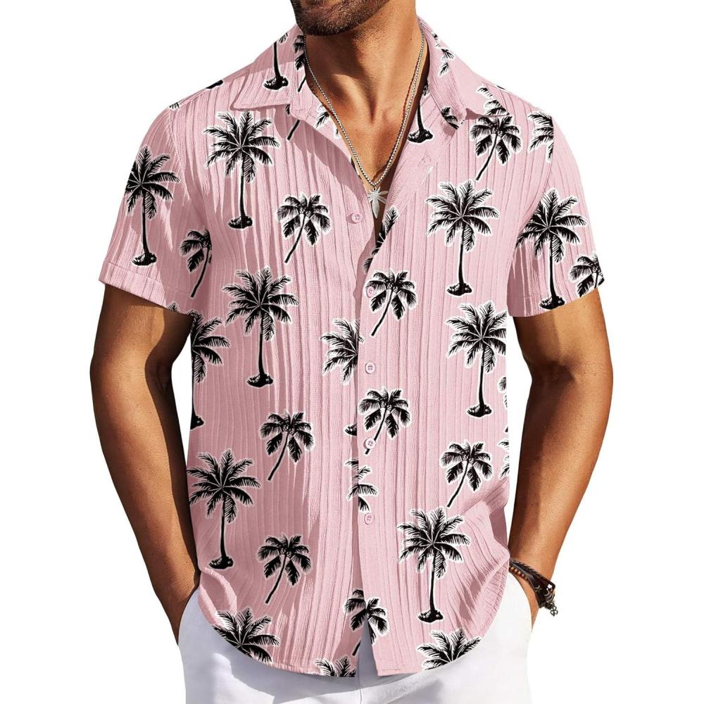 imageCOOFANDY Mens Button Down Short Sleeve Shirt Casual Beach Shirt Summer Vacation Textured ShirtsPink Coconut Tree
