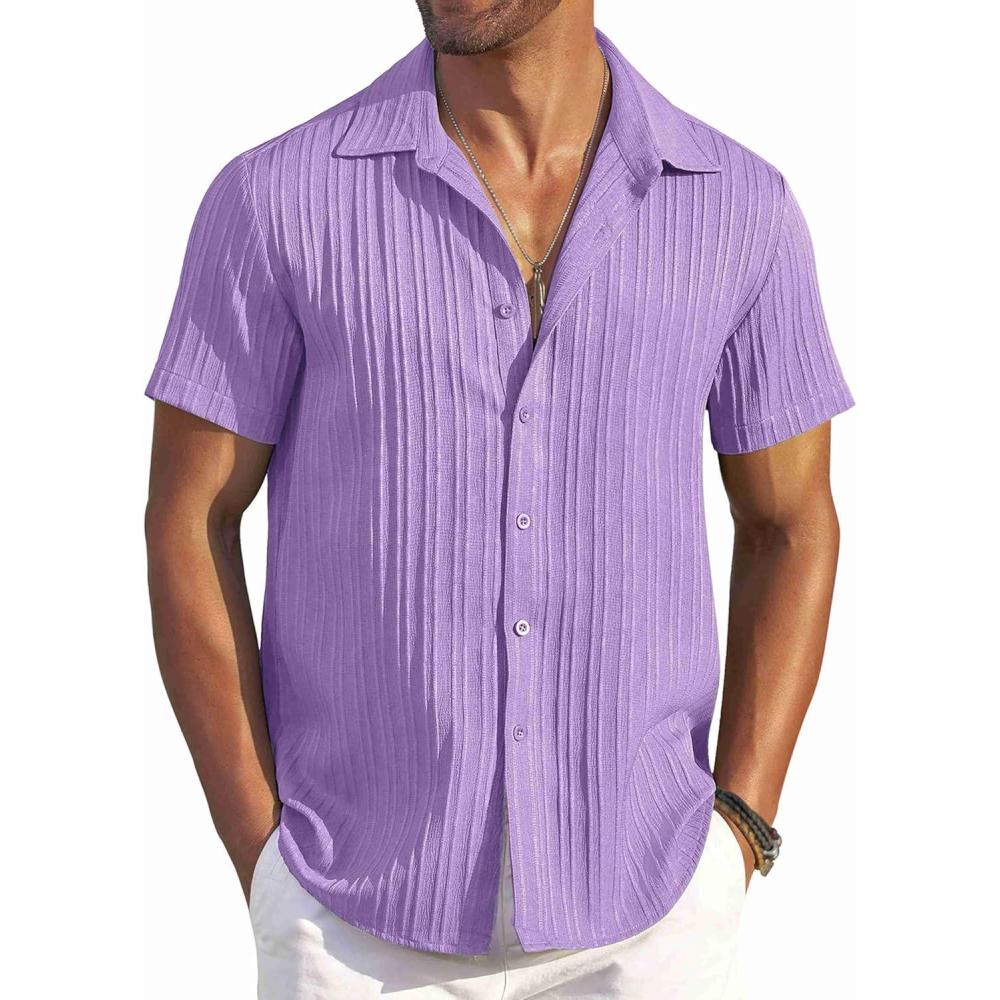 imageCOOFANDY Mens Button Down Short Sleeve Shirt Casual Beach Shirt Summer Vacation Textured ShirtsPurple