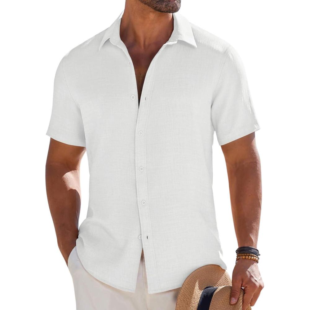 imageCOOFANDY Mens Button Down Short Sleeve Shirt Casual Beach Shirt Summer Vacation Textured ShirtsWhite