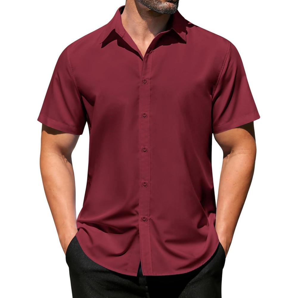 imageCOOFANDY Mens Button Down Short Sleeve Shirt Casual Beach Shirt Summer Vacation Textured ShirtsWine Red