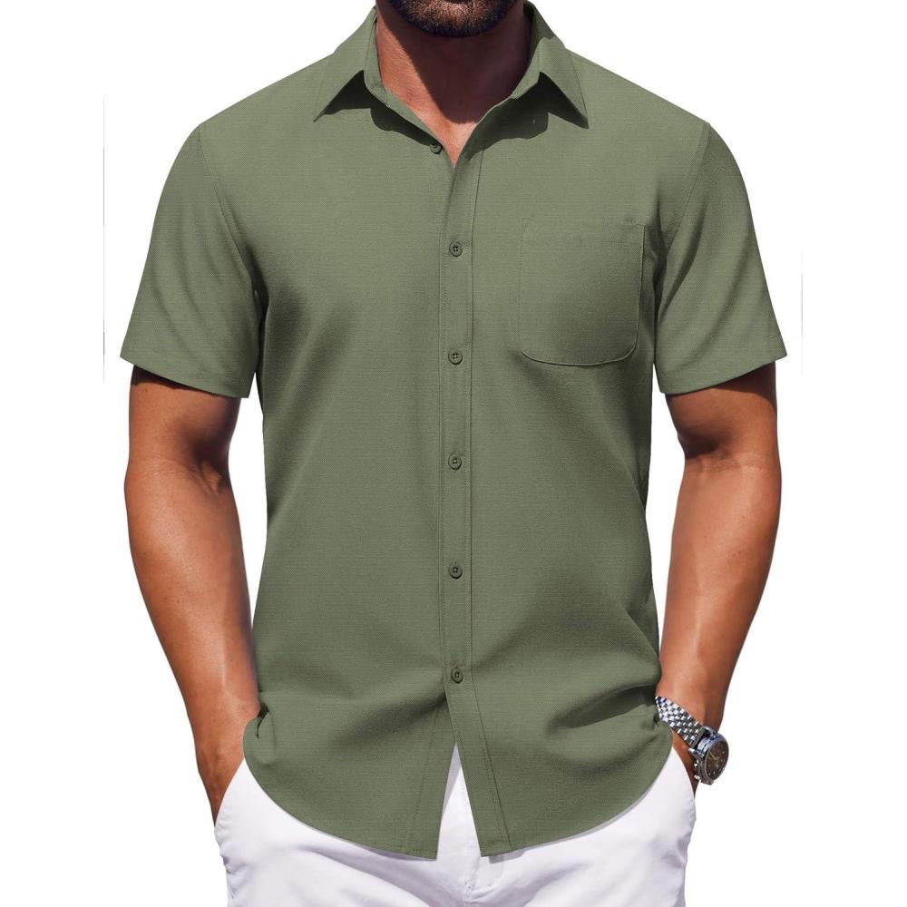 imageCOOFANDY Mens Button Down Short Sleeve Shirt Casual Dress Shirt Untucked Summer Shirts with PocketArmy Green