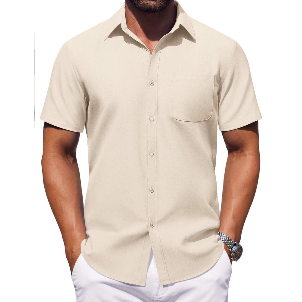 imageCOOFANDY Mens Button Down Short Sleeve Shirt Casual Dress Shirt Untucked Summer Shirts with PocketBeige