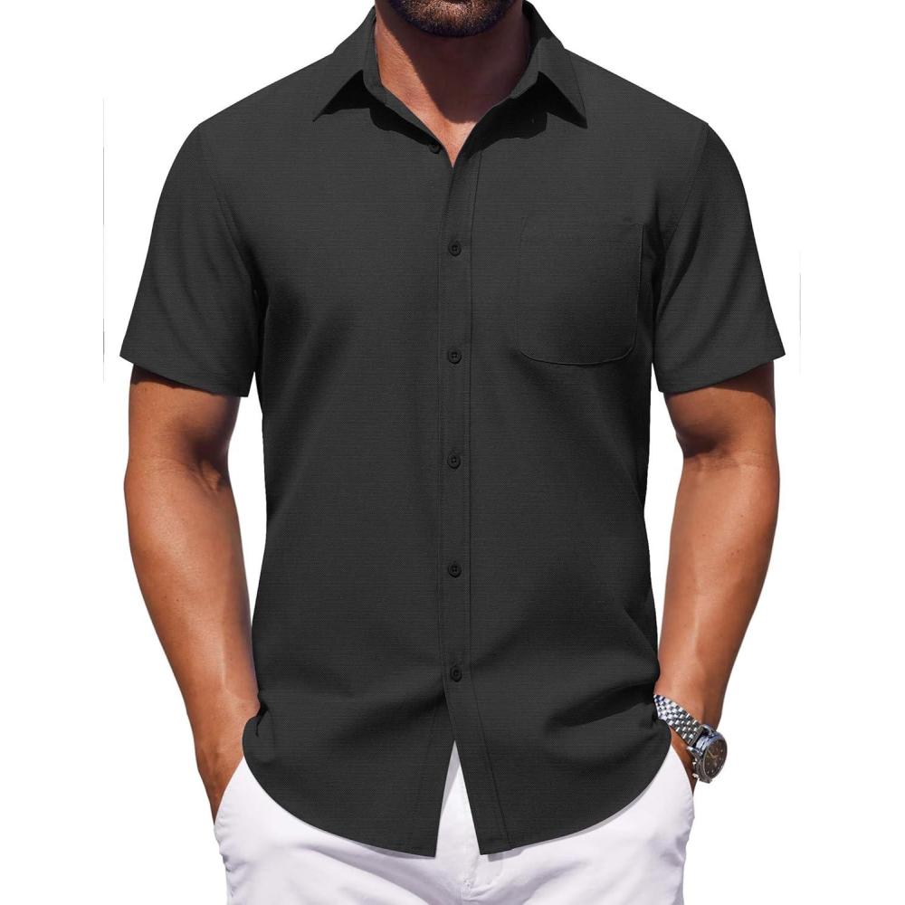 imageCOOFANDY Mens Button Down Short Sleeve Shirt Casual Dress Shirt Untucked Summer Shirts with PocketBlack