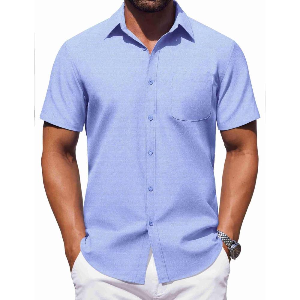 imageCOOFANDY Mens Button Down Short Sleeve Shirt Casual Dress Shirt Untucked Summer Shirts with PocketBlue
