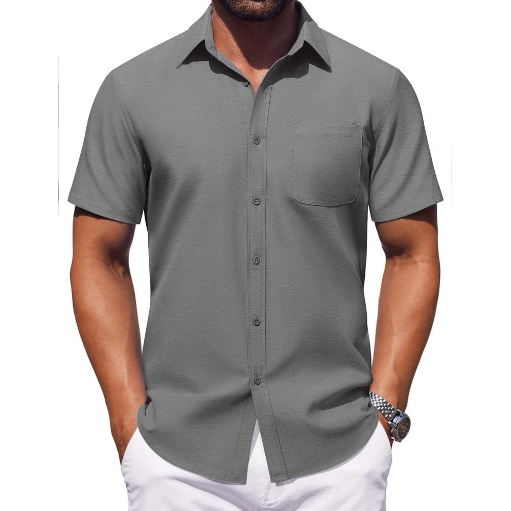 imageCOOFANDY Mens Button Down Short Sleeve Shirt Casual Dress Shirt Untucked Summer Shirts with PocketGray