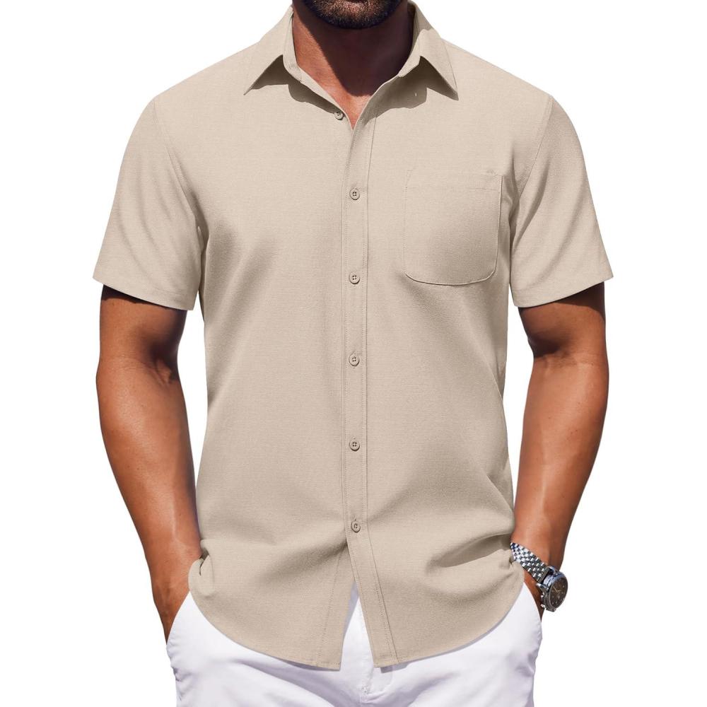 imageCOOFANDY Mens Button Down Short Sleeve Shirt Casual Dress Shirt Untucked Summer Shirts with PocketKhaki