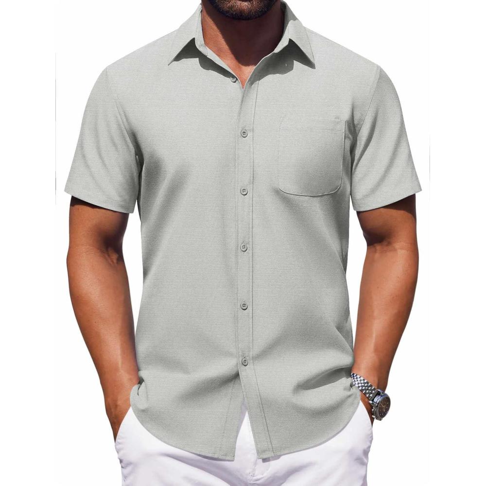imageCOOFANDY Mens Button Down Short Sleeve Shirt Casual Dress Shirt Untucked Summer Shirts with PocketLight Gray