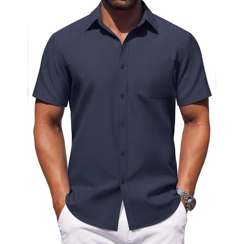 imageCOOFANDY Mens Button Down Short Sleeve Shirt Casual Dress Shirt Untucked Summer Shirts with PocketNavy Blue