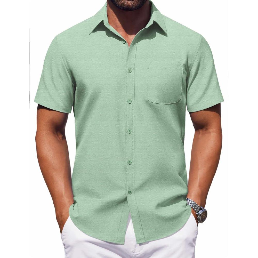 imageCOOFANDY Mens Button Down Short Sleeve Shirt Casual Dress Shirt Untucked Summer Shirts with PocketSage Green