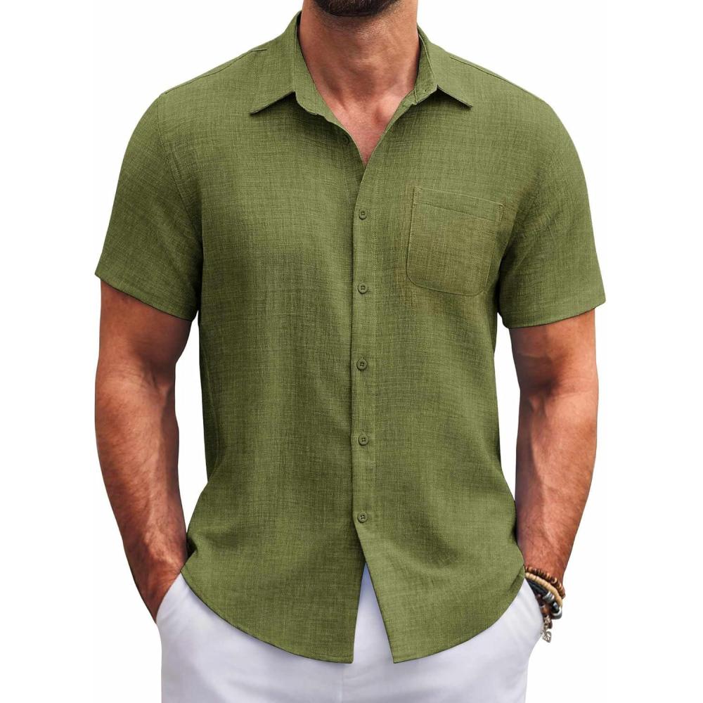 imageCOOFANDY Mens Button Down Short Sleeve Shirts Casual Textured Shirt with Pocket Summer Beach Wedding ShirtsArmy Green