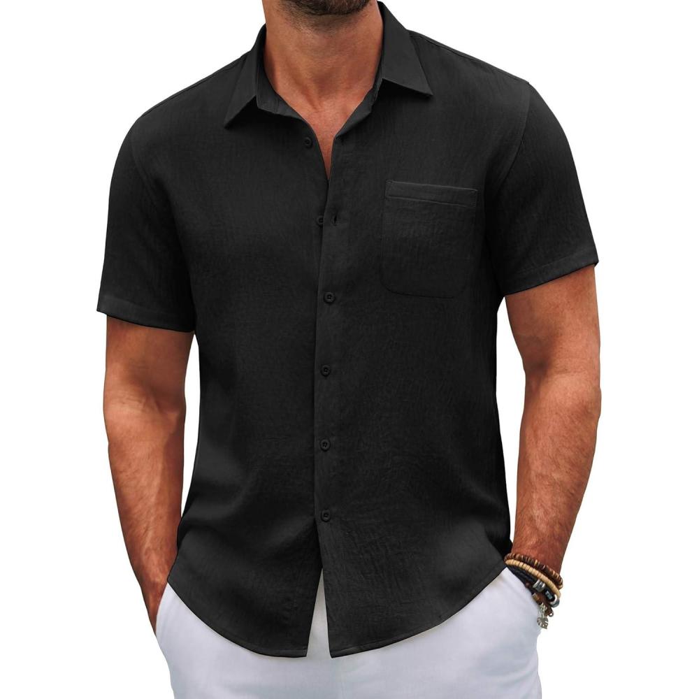 imageCOOFANDY Mens Button Down Short Sleeve Shirts Casual Textured Shirt with Pocket Summer Beach Wedding ShirtsBlack