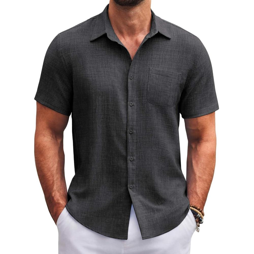 imageCOOFANDY Mens Button Down Short Sleeve Shirts Casual Textured Shirt with Pocket Summer Beach Wedding ShirtsDark Grey