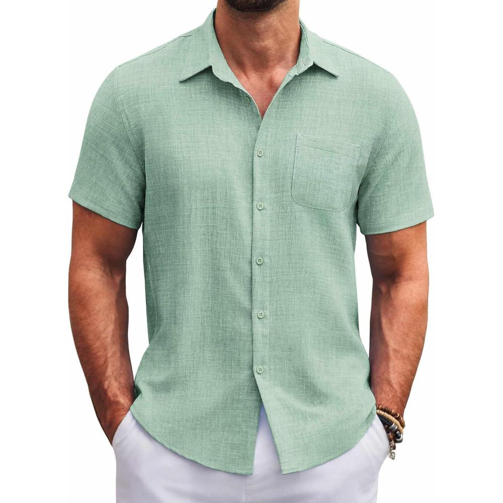imageCOOFANDY Mens Button Down Short Sleeve Shirts Casual Textured Shirt with Pocket Summer Beach Wedding ShirtsIce Green