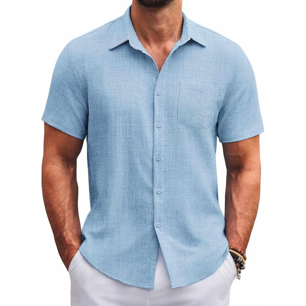 imageCOOFANDY Mens Button Down Short Sleeve Shirts Casual Textured Shirt with Pocket Summer Beach Wedding ShirtsLight Blue