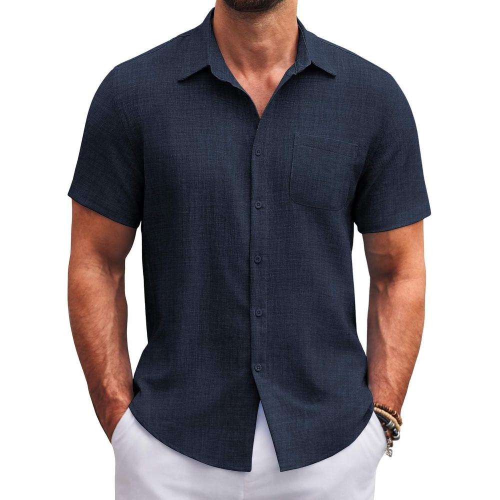 imageCOOFANDY Mens Button Down Short Sleeve Shirts Casual Textured Shirt with Pocket Summer Beach Wedding ShirtsNavy Blue