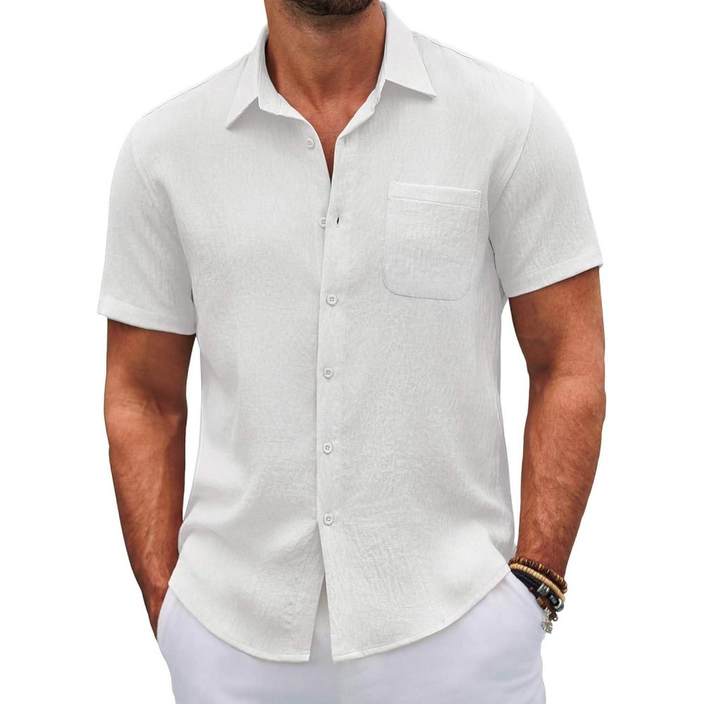 imageCOOFANDY Mens Button Down Short Sleeve Shirts Casual Textured Shirt with Pocket Summer Beach Wedding ShirtsWhite