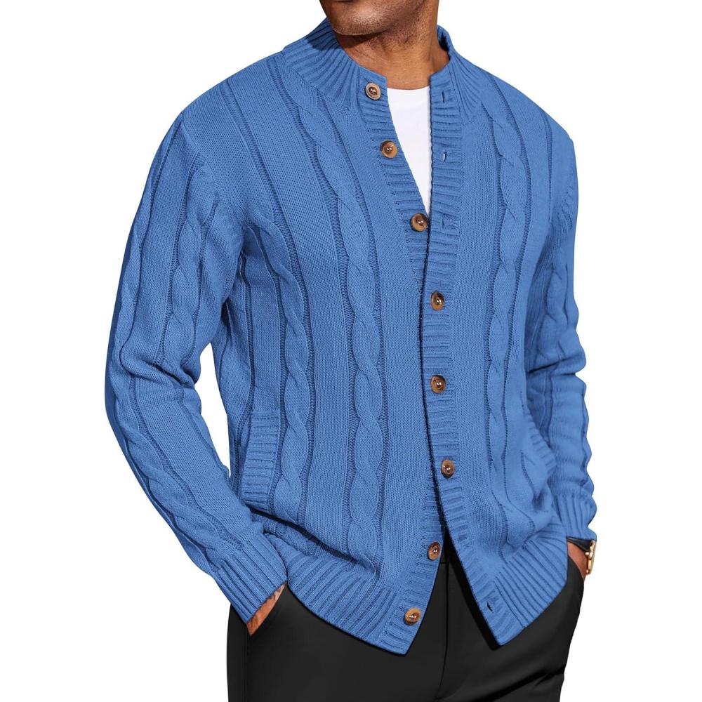 imageCOOFANDY Mens Cardigan Sweater Slim Fit Stand Collar Cardigan Casual Cable Knitted Button Down Sweater with PocketsBlue