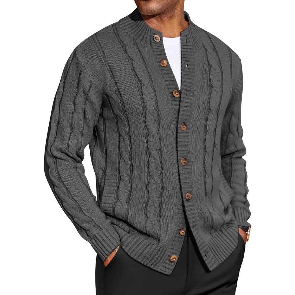 imageCOOFANDY Mens Cardigan Sweater Slim Fit Stand Collar Cardigan Casual Cable Knitted Button Down Sweater with PocketsDark Grey
