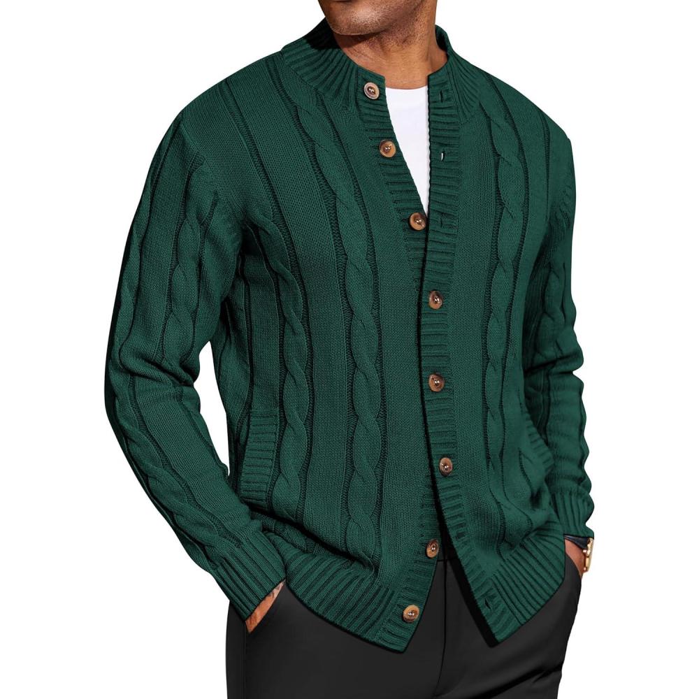 imageCOOFANDY Mens Cardigan Sweater Slim Fit Stand Collar Cardigan Casual Cable Knitted Button Down Sweater with PocketsGreen