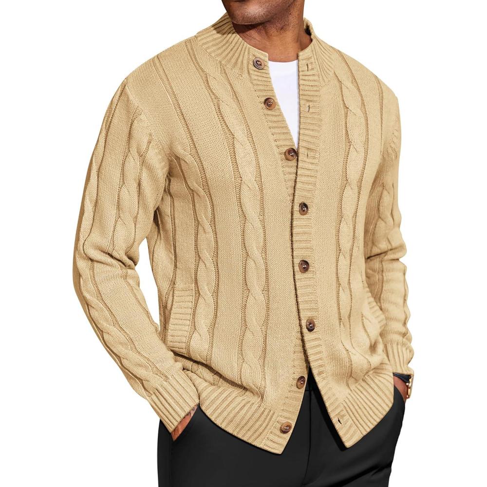 imageCOOFANDY Mens Cardigan Sweater Slim Fit Stand Collar Cardigan Casual Cable Knitted Button Down Sweater with PocketsKhaki