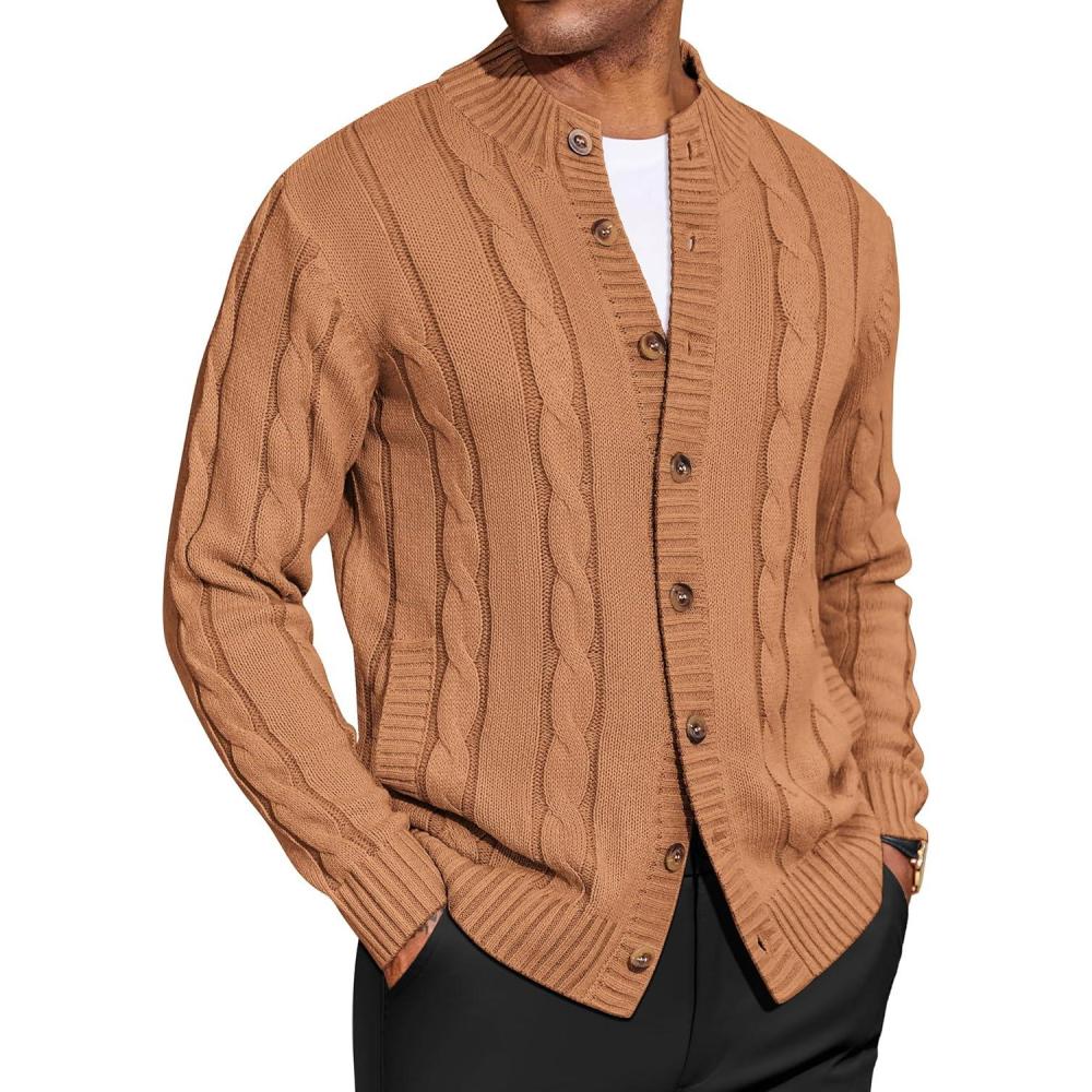 imageCOOFANDY Mens Cardigan Sweater Slim Fit Stand Collar Cardigan Casual Cable Knitted Button Down Sweater with PocketsLight Caramel