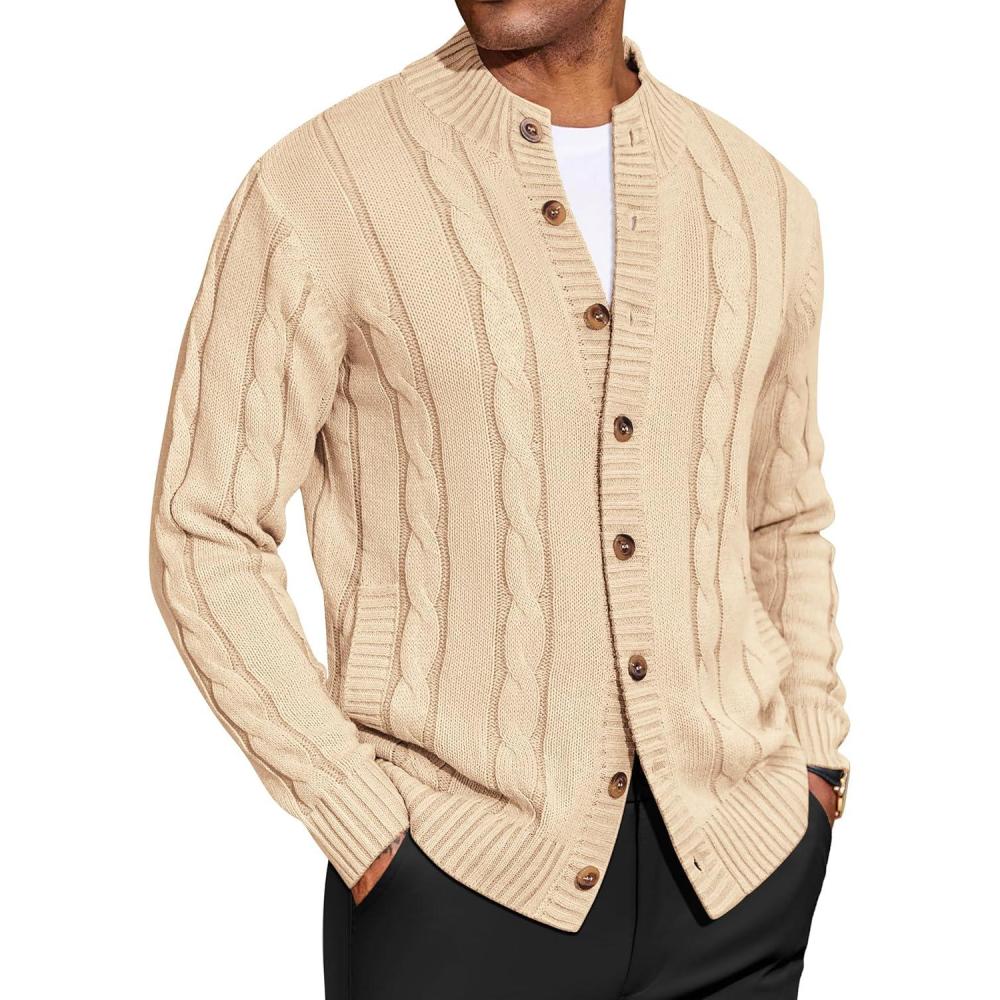 imageCOOFANDY Mens Cardigan Sweater Slim Fit Stand Collar Cardigan Casual Cable Knitted Button Down Sweater with PocketsLight Khaki