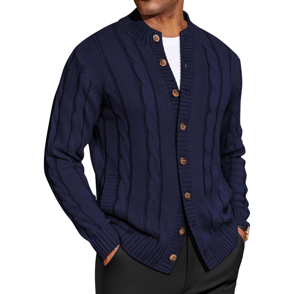 imageCOOFANDY Mens Cardigan Sweater Slim Fit Stand Collar Cardigan Casual Cable Knitted Button Down Sweater with PocketsNavy Blue