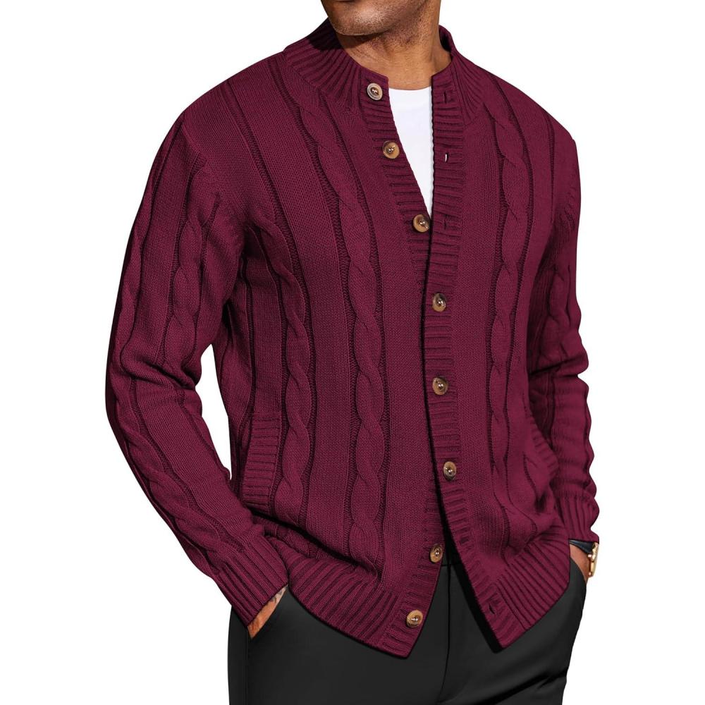 imageCOOFANDY Mens Cardigan Sweater Slim Fit Stand Collar Cardigan Casual Cable Knitted Button Down Sweater with PocketsWine Red