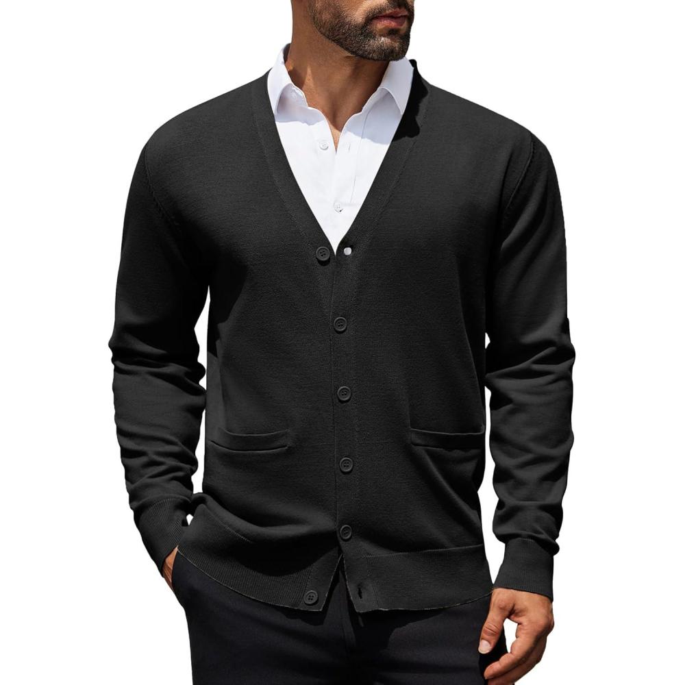 imageCOOFANDY Mens Cardigan Sweaters Long Sleeve V Neck Cardigans Lightweight Knitted Button Down Sweaters with PocketsBlack