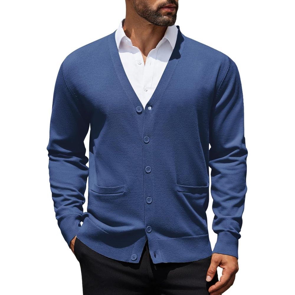 imageCOOFANDY Mens Cardigan Sweaters Long Sleeve V Neck Cardigans Lightweight Knitted Button Down Sweaters with PocketsBlue