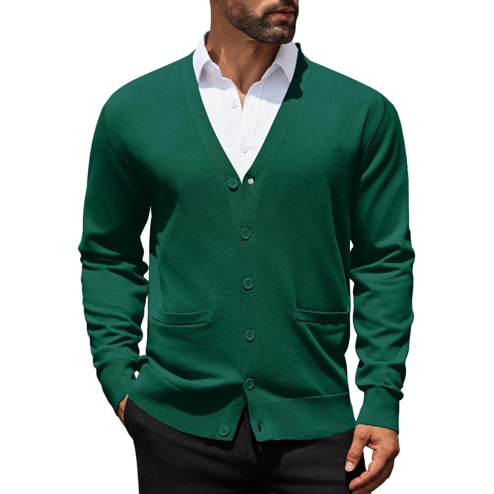 imageCOOFANDY Mens Cardigan Sweaters Long Sleeve V Neck Cardigans Lightweight Knitted Button Down Sweaters with PocketsGreen