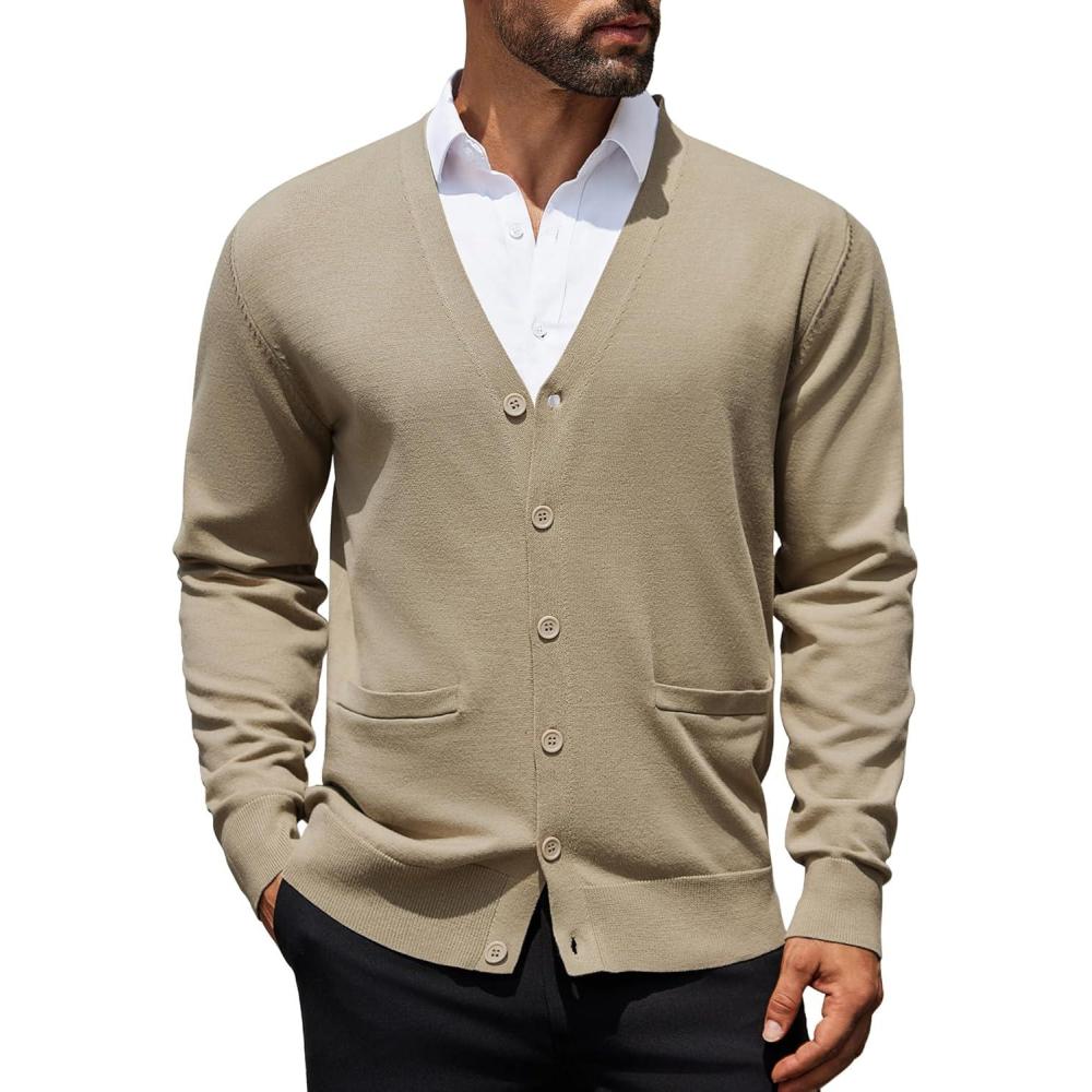 imageCOOFANDY Mens Cardigan Sweaters Long Sleeve V Neck Cardigans Lightweight Knitted Button Down Sweaters with PocketsKhaki