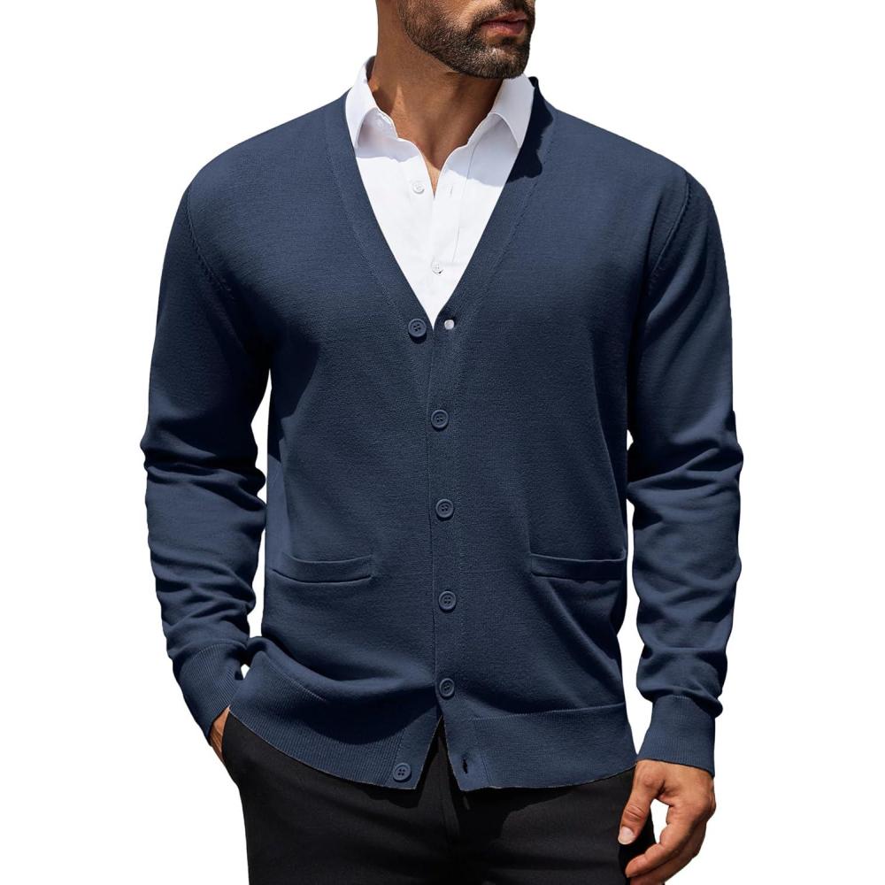 imageCOOFANDY Mens Cardigan Sweaters Long Sleeve V Neck Cardigans Lightweight Knitted Button Down Sweaters with PocketsNavy Blue