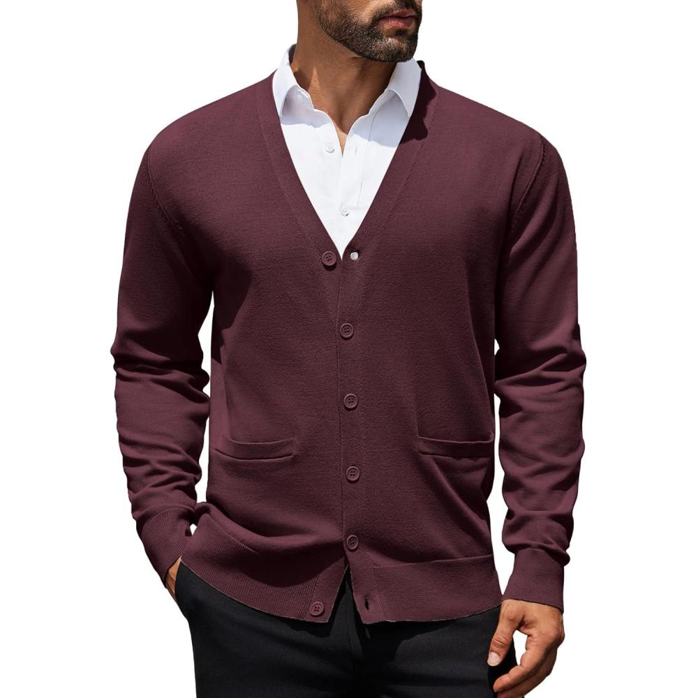 imageCOOFANDY Mens Cardigan Sweaters Long Sleeve V Neck Cardigans Lightweight Knitted Button Down Sweaters with PocketsWine Red