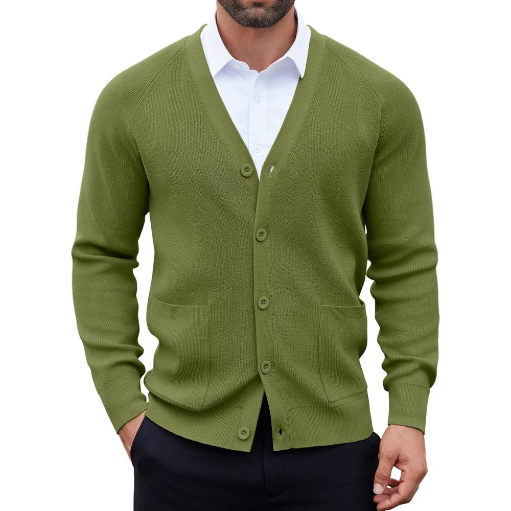 imageCOOFANDY Mens Cardigan Sweaters with Button Lightweight Casual V Neck Long Sleeve Pockets Knitted SweaterArmy Green