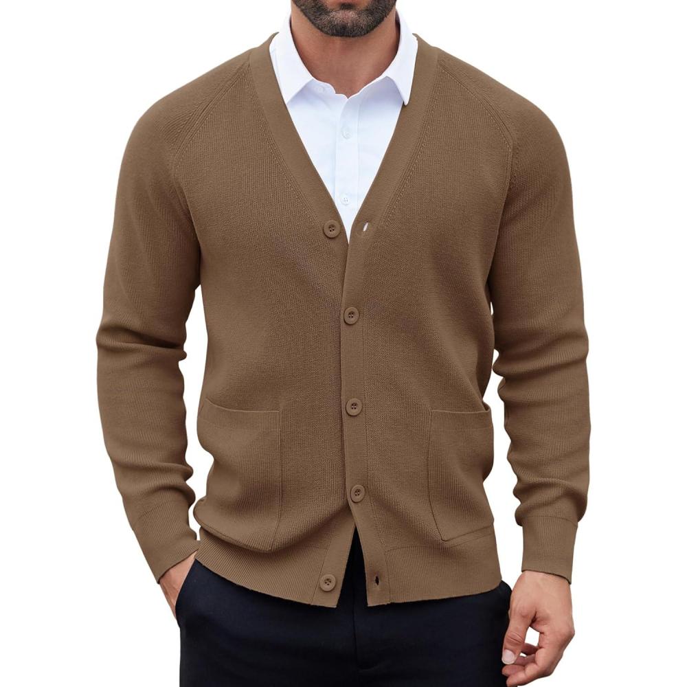imageCOOFANDY Mens Cardigan Sweaters with Button Lightweight Casual V Neck Long Sleeve Pockets Knitted SweaterAshy Brown