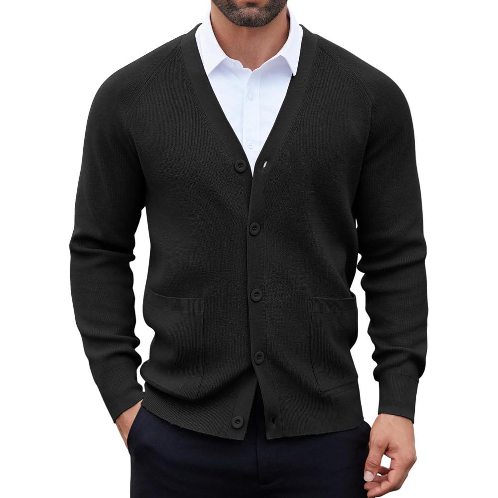 imageCOOFANDY Mens Cardigan Sweaters with Button Lightweight Casual V Neck Long Sleeve Pockets Knitted SweaterBlack